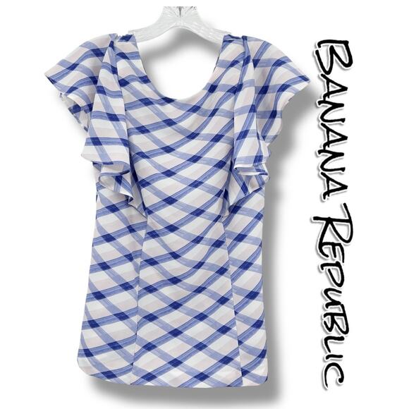 Banana Republic Blue and White Checkered Ruffle Sleeve Top Career Womens Size 6 - Picture 1 of 11